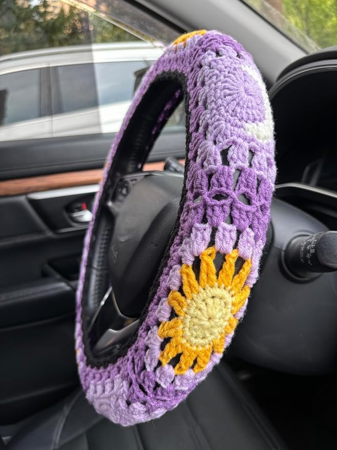Handmade Crochet Sun Moon Car Steering Wheel Covers Universal 14-15 inch,Cute Steering Wheel Cover,Car Accessories (B:Wheel Cover+2 Belt Cover)