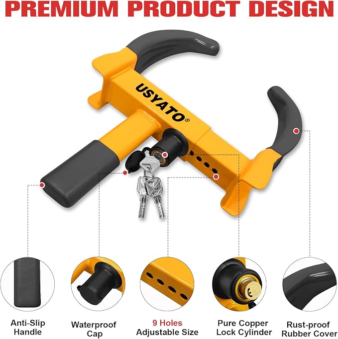 2Pcs Universal Heavy Duty Wheel Lock-Anti Theft Trailer Lock & Car Boot, Adjustable Security Tire 11.4" for Trailers, Cars, Golf Cart, ATV, SUV, RV, Boat, Camper, Motorcycle,6 Keys,Yellow+Black