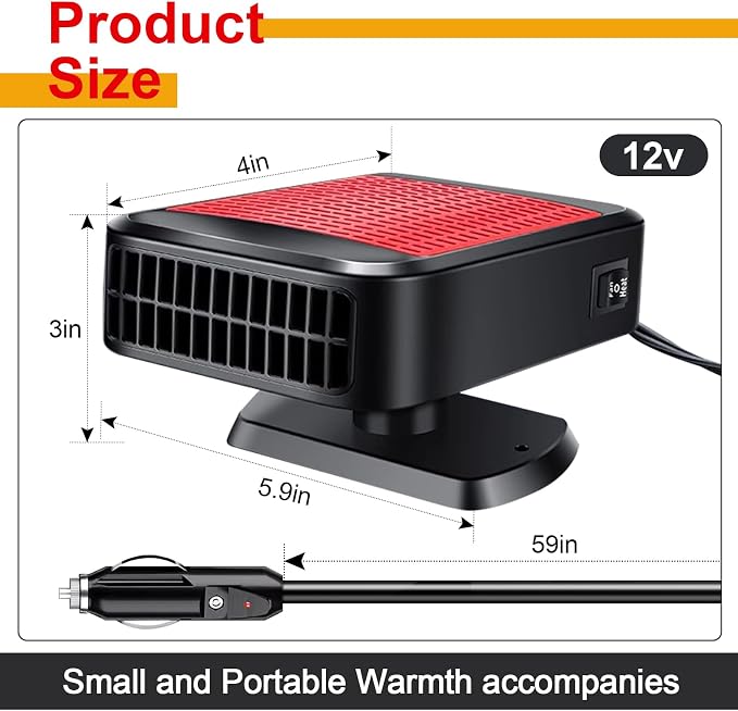 Car Heater,12V 200W Portable Car Heater 360°Rotation 2 in 1 Heating & Cooling Fan Windshield Demisting Defroster Plug Into Cigarette Lighter for All Cars（red）