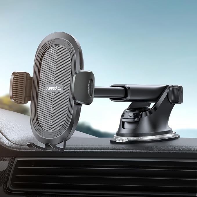 Suction Cup Phone Holder Windshield/Dashboard/Window, Suction Cup Car Phone Mount with Strong Sticky Gel Pad, Compatible with iPhone, Samsung & All Cellphones, Matte Black