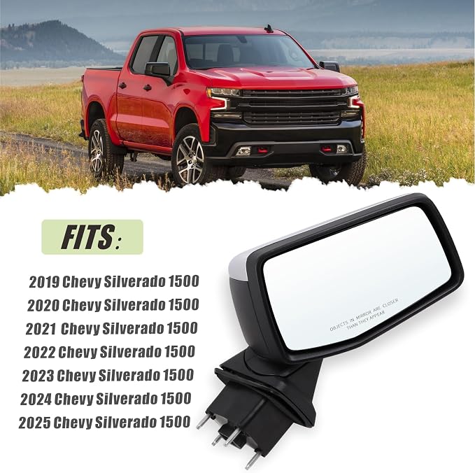Right Passenger Side Mirror Compatible with 2019-2025 chevy Silverado 1500 Power Glass Manual Folding With Temperature Sensor Non-heated Without turn signal Replace#GM1321582(5Pins)