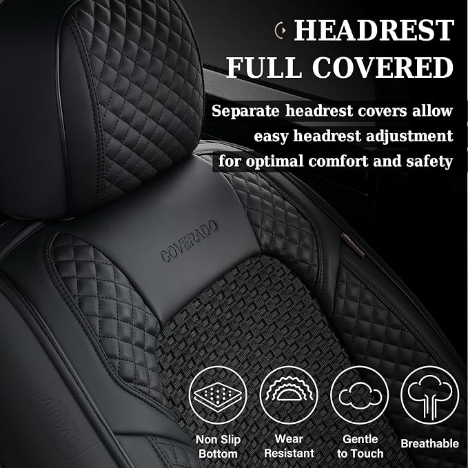 Coverado Seat Covers Full Set, 5 Seats Universal Seat Covers for Cars, Black Car Seat Covers Front Seats Back Seat Cover, Breathable Car Seat Cushion, Leather Seat Cover Seat Protector Fit Most Cars