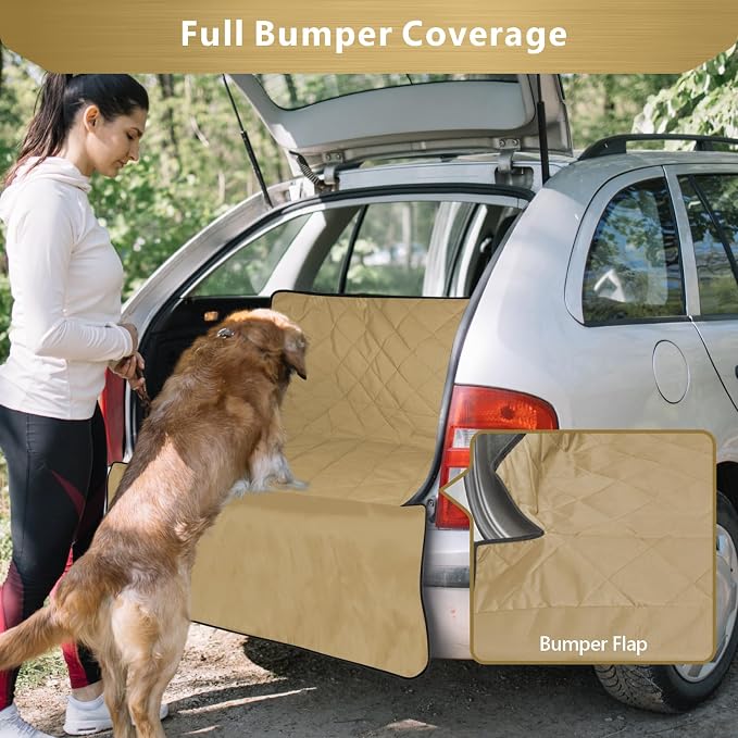 SUV Cargo Liner for Dogs, Water Resistant Pet Cargo Cover Dog Seat Cover Mat for SUVs Sedans Vans with Bumper Flap Protector, Non-Slip, Large Size Universal Fit, Khaki