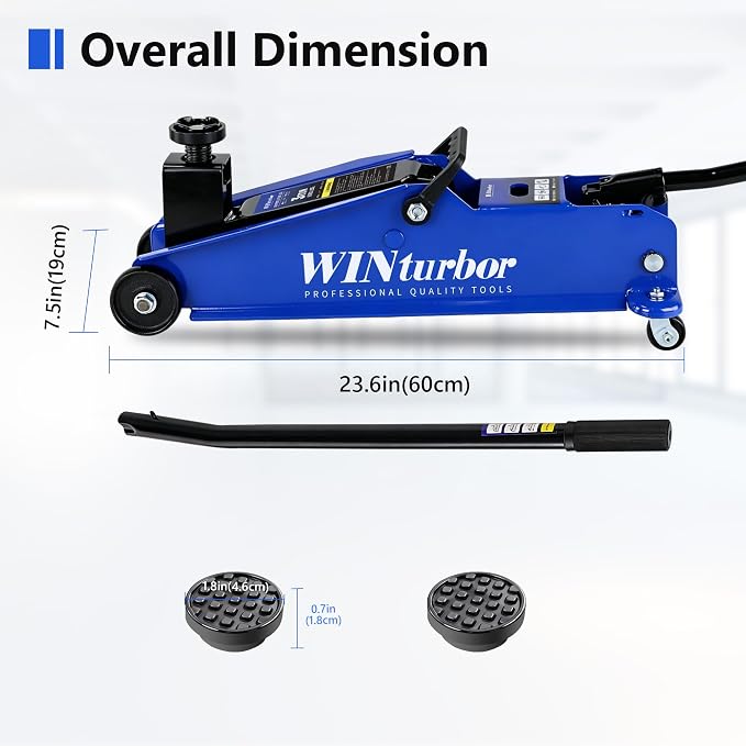 3 Ton Floor Jack, 6000 lb, 7.6"-21.3" Lift, w/Pads, Bag & Tire Kit | Heavy-duty floor jack for SUVs, pickups and sedans. 7.6" entry, 21.3" max lift. Includes 2 pads, bag & 8‑pc tire kit.