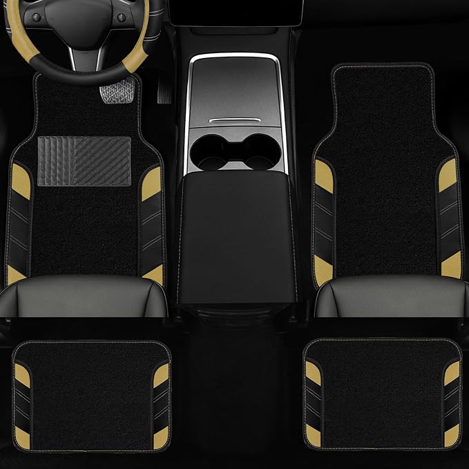 10 Pcs Car Floor Mats Full Set & Sport Leather Steering Wheel Cover 14.5-15 inch, Center Console Cover, Seat Belt Cushion, Cup Holder Coaster, Universal Automobile Interior Sets (Beige)
