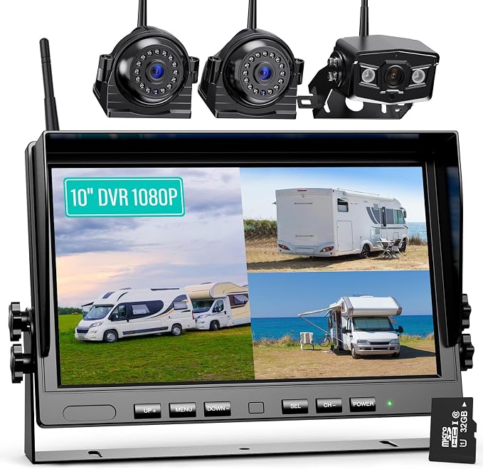 Nuoenx 10" Wireless Backup Camera System for Truck, HD 1080P Digital Back Up Camera System with 10 Inch Quad Split Loop Recording Monitor, IP69K Waterproof Reversing Cameras for RV, Trailer (W103)