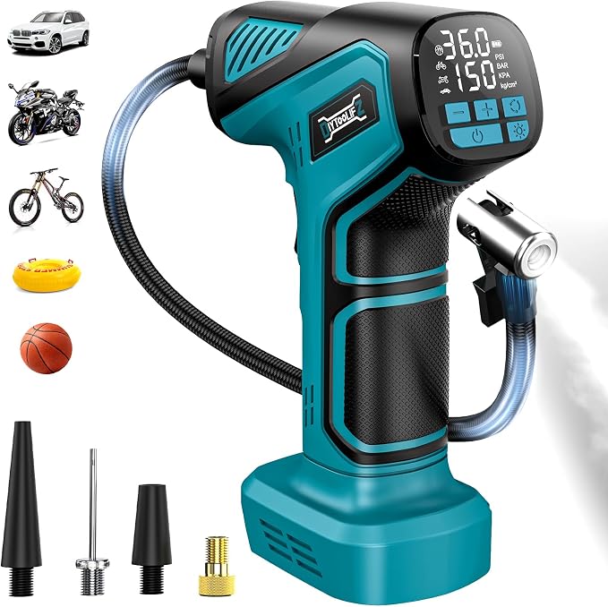 150PSI Tire Inflator Portable Air Compressor: Cordless Air Pump Compatible with Makita 18V Battery - Car Tire Pump with Digital Pressure Gauge & LED Light for Auto, Motorcycles (Tool Only)