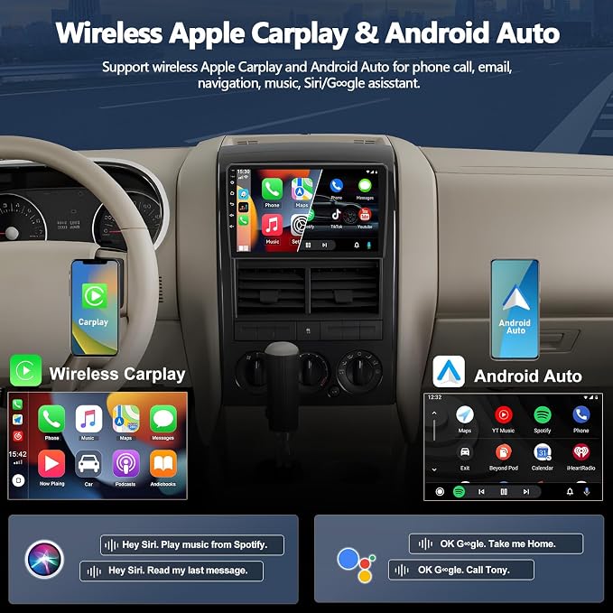 4G+64G Car Radio for Ford Explorer 2006-2010, Android 15 Car Stereo with Wireless CarPlay Android Auto 10" Touch Screen Radio with Bluetooth 5.0 GPS WiFi 32 EQ FM/RDS Backup Camera