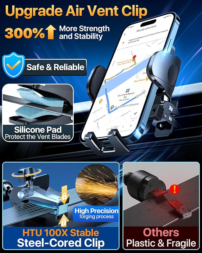HTU Car Phone Holder【2026 Upgraded 100+LBS Suction & Safety Cert】 Cell Phone Car Mount for Truck Heavy Duty Phone Holder for Dashboard/Windshield/Vent for iPhone 17 16 Pro Max, Sapphire Blue