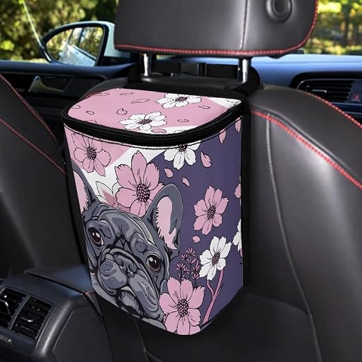 French Bulldog Cherry Blossom Print Car Trash Can with Lid, Leak Proof Auto Trash Bag Hanging Vehicle Garbage Can Multipurpose Storage Container for Back Seat Road Trip