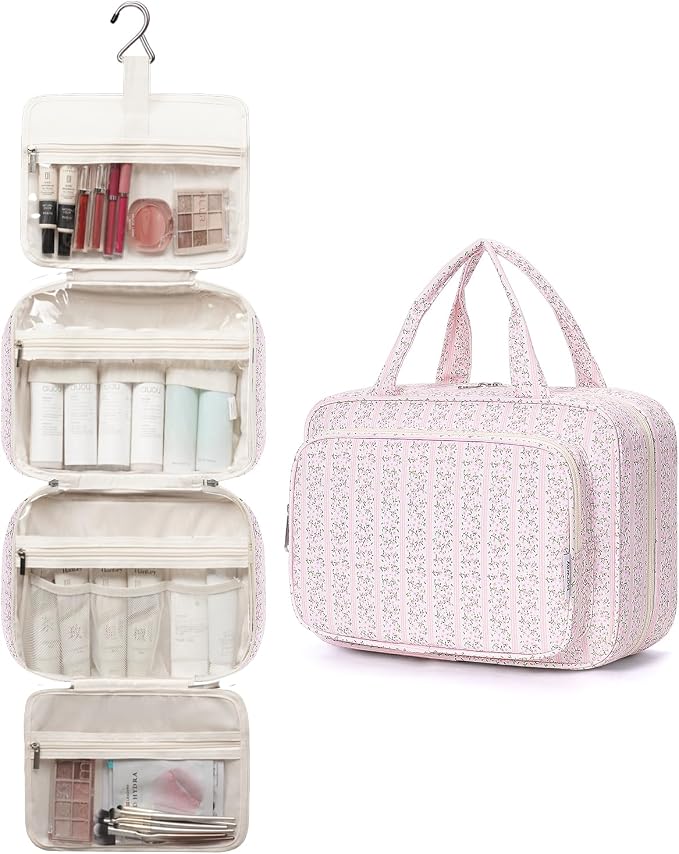 Travel Toiletry Bag for Women Large Hanging Makeup Bag Organizer Toiletries Bag for Full Size Essentials Accessories Cosmetics (Pink Flower Buds (Large))