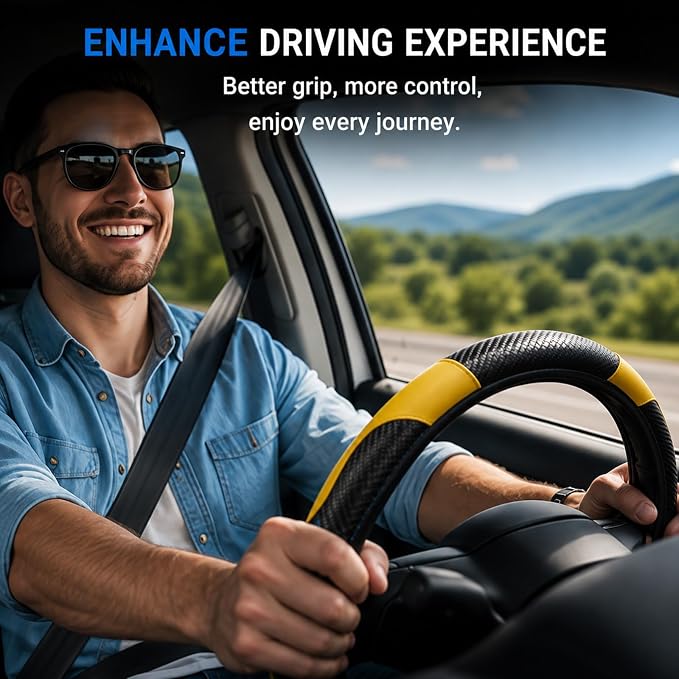 Car Steering Wheel Cover, 15 inch Carbon Fiber Microfiber Anti-Slip Breathable PU Leather Elastic Steering Wheel Protector, Car Interior Accessories for Most Cars (Yellow)