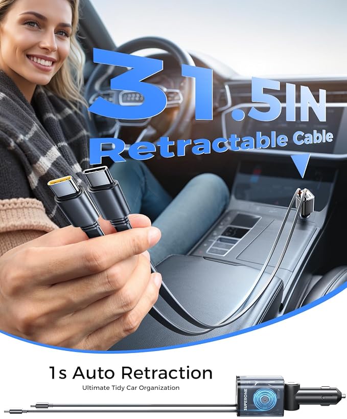 2026 Ultra-Compact Retractable Car Charger, 5 in 1 Car Phone Charger with Dual Type C Cables, 84W Fast Charging USB C Car Accessories Adapter for iPhone 17/16/15/14/13/12/11, Galaxy, Pixel