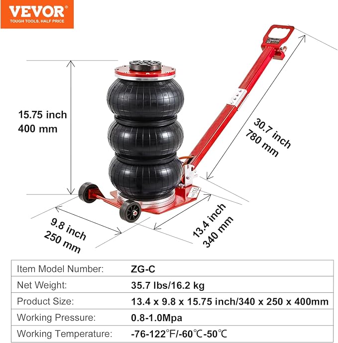 Air Jack, 3 Ton/6600 lbs Triple Bag Air Jack, Air Bag Jack Lift Range 5.9"-15.75", Airbag Jack with Adjustable Long Handle, 3-5 S Fast Lifting for Car, Auto Shop, Garage