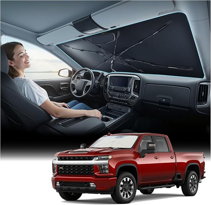 Windshield Sun Shade Umbrella for Silverado - [Vinyl Coating Heat Shield] Protect Car from Sun Rays & Heat Damage Keep Cool and Protect Interior, Spring Structure Edge