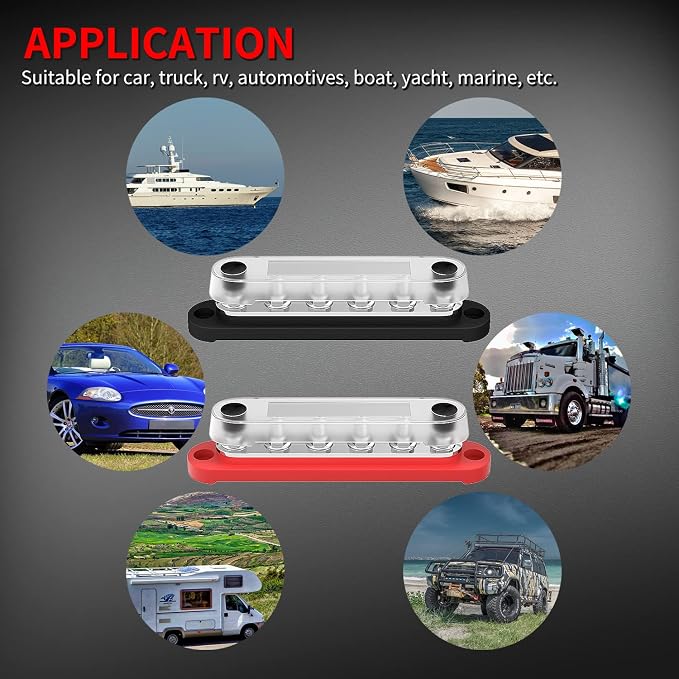 Marine Bus Bar 12V 6 x 1/4" (M6) Terminal Studs 12 Volt Bus Bar Power Distribution Block with Cover Max 300V AC 48V DC Positive & Negative Battery Terminal Block for Automotive Car Boat