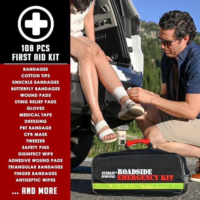 Car Emergency Kit, Roadside Safety Tool Kit with Gloves,Digital Auto Air Compressor Tire Inflator, First Aid Kit, 12 Feet Jumper Cable, Tow Strap, Flashlight for Women, Men, Teenagers