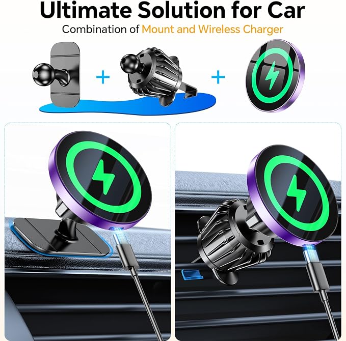 for Magsafe Car Mount Charger【100% Stable】 15W Magsafe Car Charger Magnetic Phone Holders for Your Car Accessories for Women Men car Phone Holder Wireless Car Charger for iPhone (Purple)