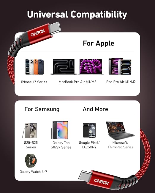 USB C to USB C Cable 60W [2Pack 10FT], USB Type C Fast Charging Cable for Car Durable Braided iPhone USB-C Cable USBC to USBC Cord for iPhone 17/16/15/Pro Max/Plus, Samsung Galaxy S23 and More-Red