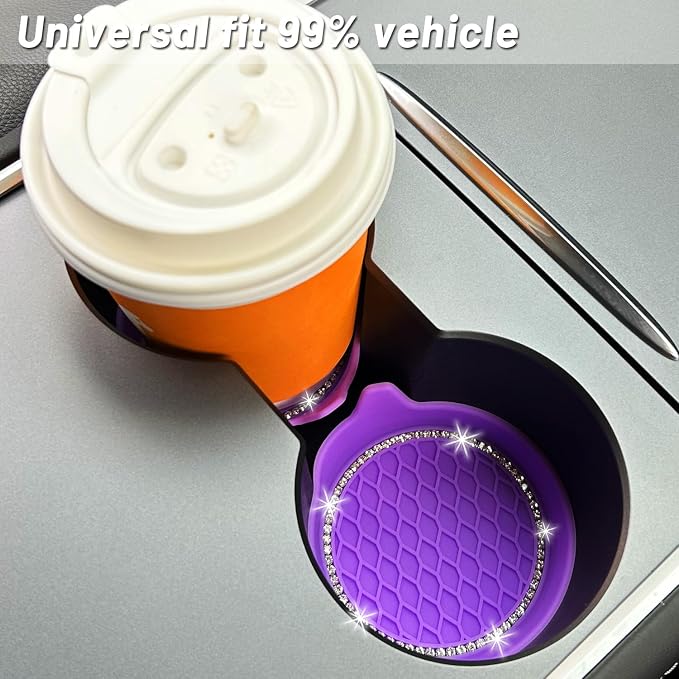 4PCS Bling Car Coasters, Non-Slip Insert Water Bottle Holder Pads, Bling Crystal Rhinestone Dustproof Automotive Interior Accessories, Universal for Vehicles, Trucks, RVs (4 pcs, Purple)