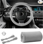 Genuine Leather Steering Wheel Cover, Stitch on Wrap, Breathable Anti-Slip Car Steering Wheel Protector for Max Diameter 15 Inch, DIY Sewing with Needles Thread (Gray, Hole)
