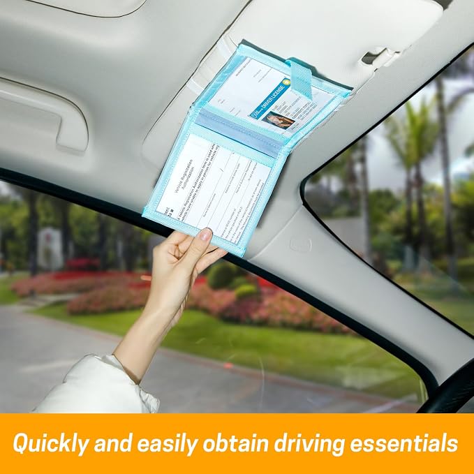 Car Registration and Insurance Holder, Sun Visor Organizer | Durable 300D 5.5"X5.3" Document Holder with Secure Elastic Strap, Fits Auto Insurance Papers, Cards, License & Receipts