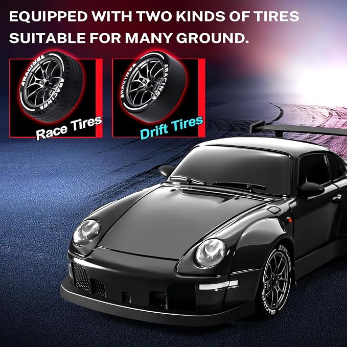 RC Drift Car, 1:24 Remote Control Car for Kids, 20KM/H 4WD High Speed RC Cars with Lights, Extra Racing Tires, Vehicle for Adults Boys Girls, Black