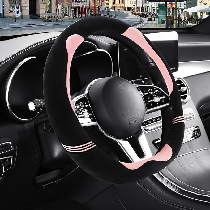 Furry Cute Soft D Shaped Steering Wheel Cover 14 inch Black Pink | Fluffy Short Plush Car Accessories, Non-Slip Cold-Proof Sweat-Proof Colorfast, Small 13.5 inch to 14 inch