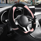 Furry Cute Soft D Shaped Steering Wheel Cover 14 inch Black Pink | Fluffy Short Plush Car Accessories, Non-Slip Cold-Proof Sweat-Proof Colorfast, Small 13.5 inch to 14 inch