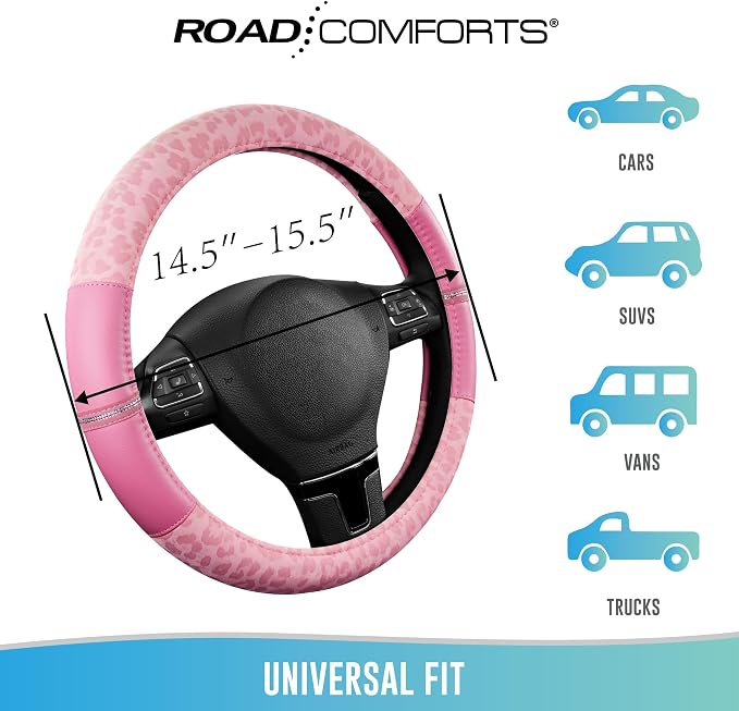 Leopard Steering Wheel Cover for Women, Cute Anti-Slip Microfiber Leather, Universal Fit 14.5-15 Inch Round Steering Wheel - Full Pink