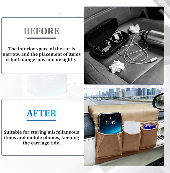 Car Window Side Storage Box, Multifunctional Leather Vehicle Side Door Armrest Pad Organizer with Pockets, Auto Window Arm Elbow Rest Storage Bag, Universal for SUV Van Truck (Beige)