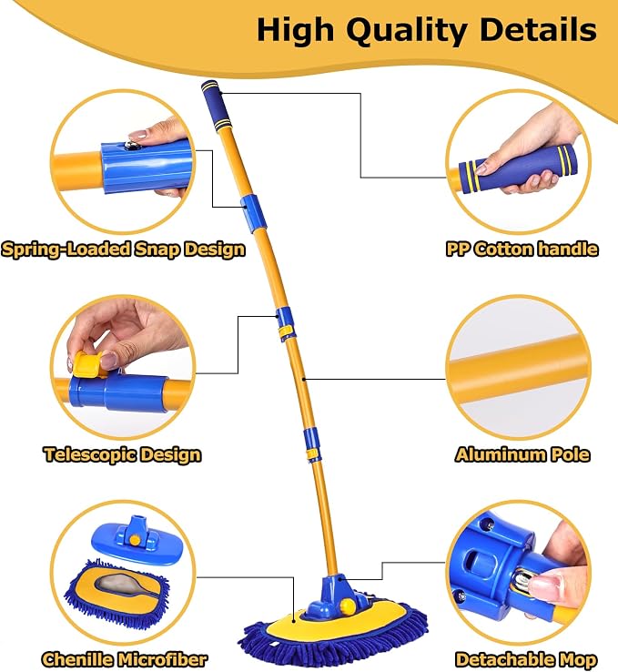 56.7" Car Wash Brush Mop Kit Mitt Sponge with Long Handle Car Cleaning Supplies Kit Tools Car Washing Duster Exterior Scratch Free, Chenille Replacement Head Extension Pole