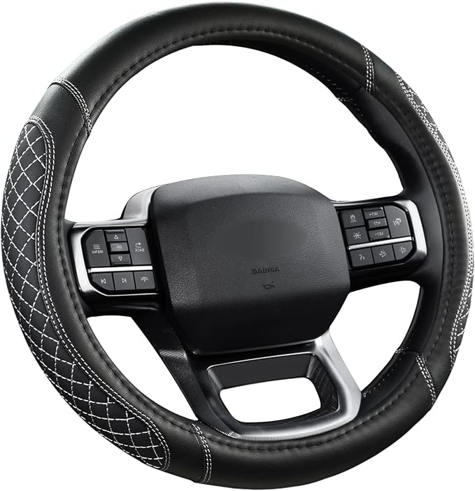 Customized Auto Car Steering Wheel Cover for Ford F-150, F-250, F-350, Expedition(Diamond Quilted - Black+Gray)