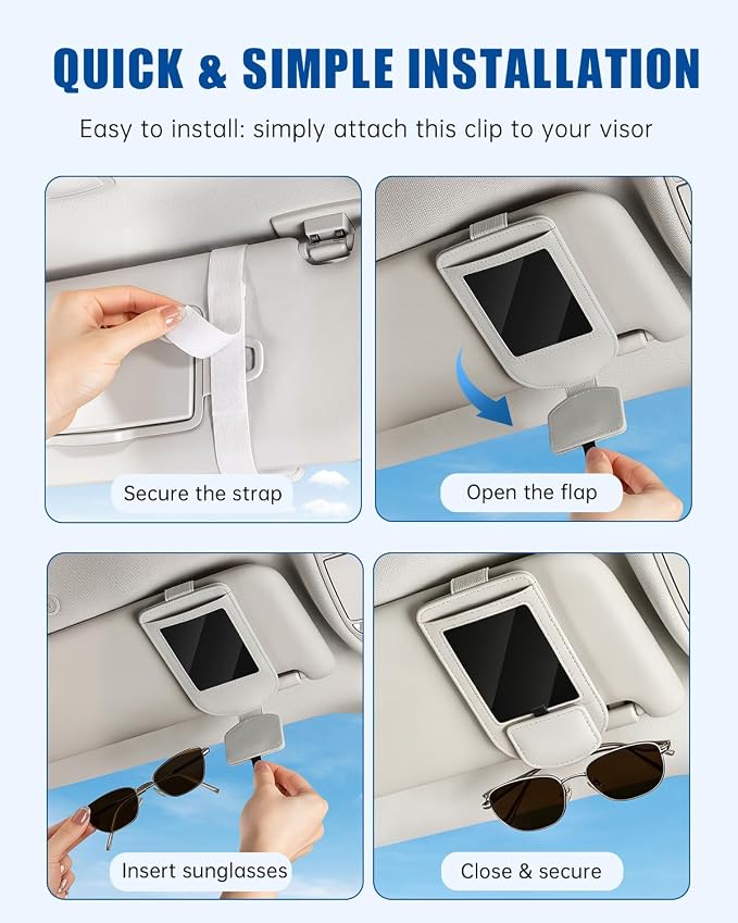 Car Visor Sunglasses Holder, 3 in 1 Glasses Clip with Photo Picture Display & Extra Storage Pocket, Anti-Slip Universal Sun Visor Organizer, 2026 Upgraded (1, Off-White)