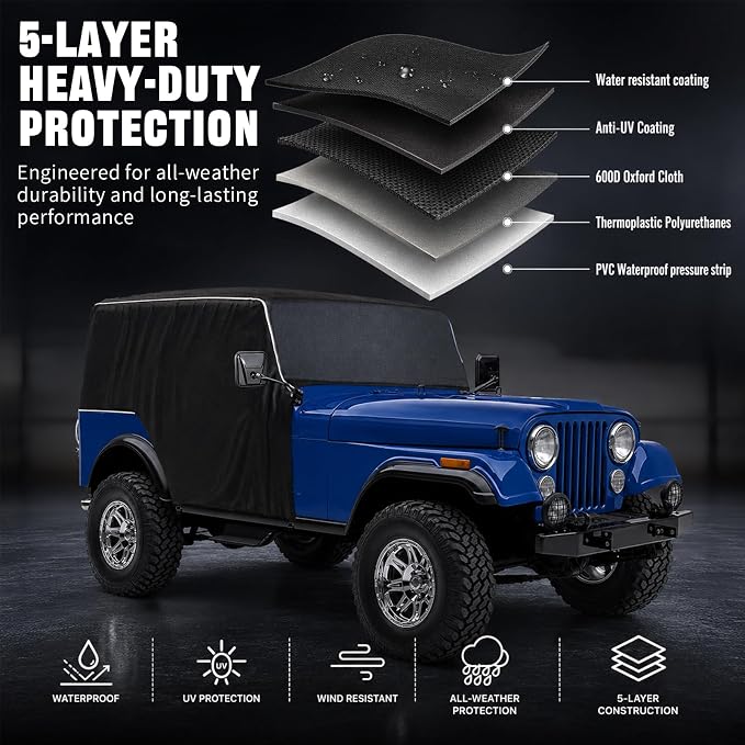 600D Cab Cover Windproof Sunshade Cover Compatible with Jeep Wrangler CJ7 1976-1986 2 Door, 6-Layer Protection Frost Wiper & Mirror Covers Protect from Sunshine, UV, Snow, Rain