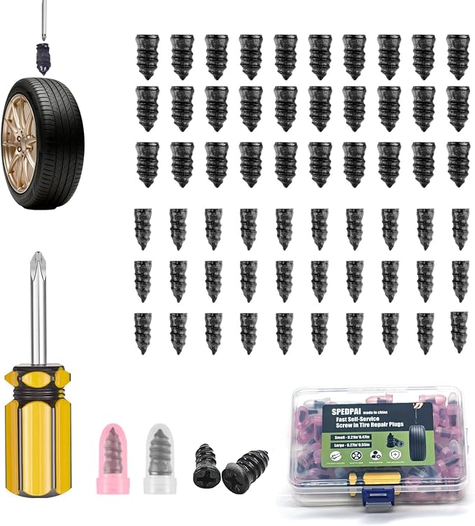 Tire Repair Rubber Nails Kit with 2 Sizes,2026 New Vacuum Screw Type Tire Plug Fast Tool with Screwdriver,Self-Service Screw in Tire Plugs Repair Tools for Car,Motorcycle,Truck,Bikes (60Pcs)