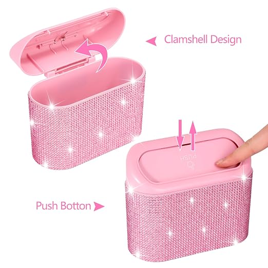 Bling Pink Car Trash Can with Lid - 2 Pack, Mini Auto Garbage Can with 60 Trash Bags, Automotive Garbage Container Bin, Bling Car Accessories Trash Can for Women (Pink Diamond)