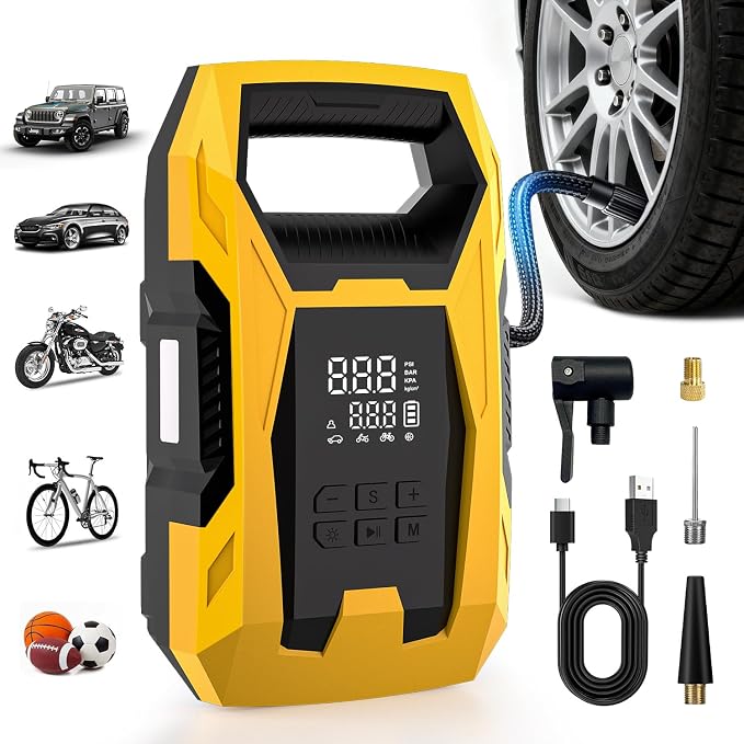 Cordless Tire Inflator Portable Air Compressor, 150 PSI Portable Air Pump for Car Tires with Digital Dual Values Display, Tire Pump for Car, Bike, Motorcycle, Ball (with 7800mAh Battery)