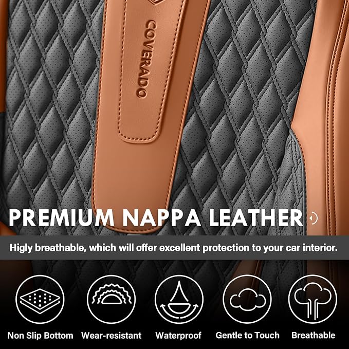 Coverado Front Seat Covers, Car Seat Covers Front Seats, Nappa Leather Seat Covers for Cars, Waterproof Seat Covers with Lumbar Support Universal Fit for Most Cars SUV Trucks (Front, Brown-Black)