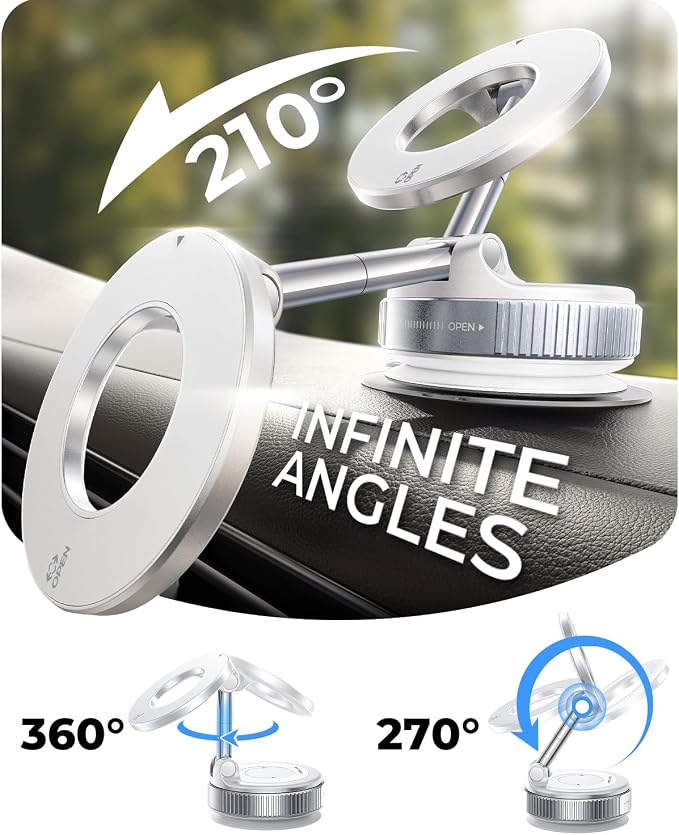 2026 Upgraded for MagSafe Vacuum Car Phone Mount, 2800gf Strong Magnetic Phone Holders for Your Car, 360° Adjustable 98LBS Suction Cup Car Mount, Car & Truck Accessory for iPhone 12–17 Pro Max