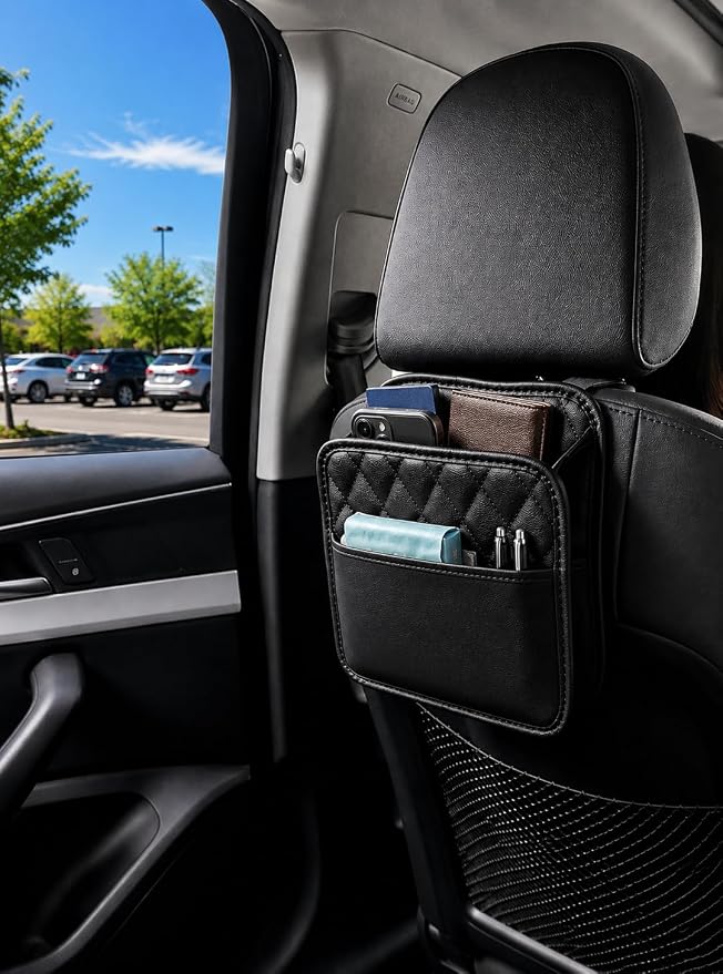 Leather Car Organizer for Backseat – Headrest Hanging Storage Bag with Pockets for SUV & Truck | Premium Quilted Car Seat Organizer for Phone, Trash & Car Essentials