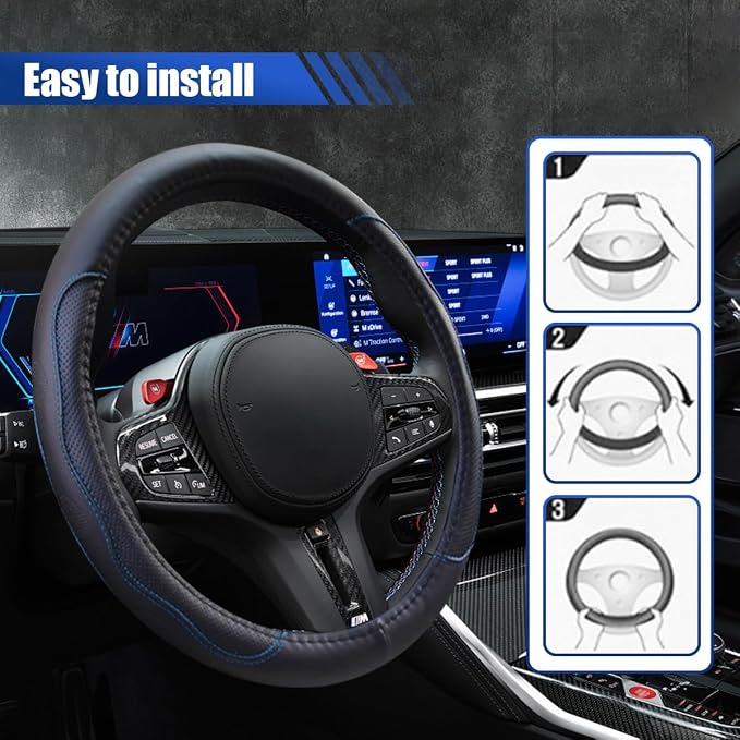 15Inch Leather Car Steering Wheel Cover for SUV, Truck, BlackBlue | Anti-Slip Breathable Automotive Steering Wheel Protector, Universal Heat Resistant Vehicle Interior Accessories
