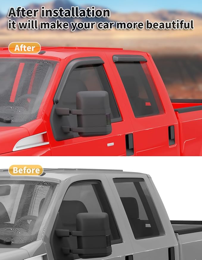 Outside-Mount Window Rain Guards Fit for Ford F250/F350/F450/F550 1999-2016 Super Duty CrewCab, Extra Durable Window Visors Wind Deflector Dark Smoke Vent Shades Car Tape-on with Thicker 4PCS