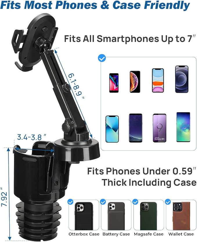 Cup Holder Phone Mount for Car, Car Cellphone Large Adapter Long Arm with 360 Degree Rotation, Compatible iPhone, Samsung & All Smartphones,Black,1 Pack