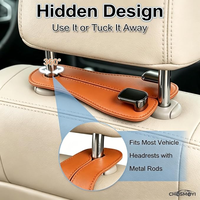 CHOSMOYI 2 Packs Car Seat Hooks, Leather Car Headrest Hook, Car Purse Hook Seat Back Hanger Storage Organizer, Car Hook for Purses and Bags(Burnt Orange)