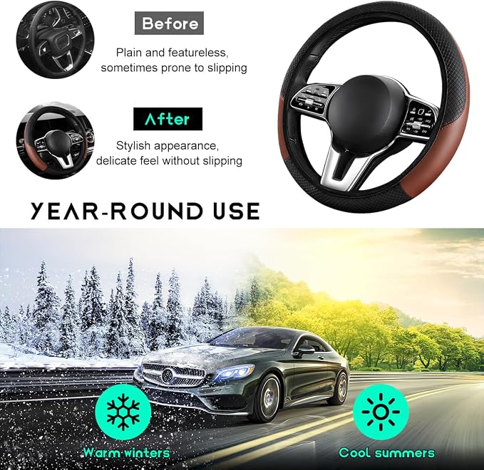 Car Steering Wheel Cover, 15 inch Carbon Fiber Microfiber Leather Elastic Steering Wheel Protector, Breathable Anti-Slip Comfortable Steering Wheel Covers for Most Cars (Black&Khaki, AD)