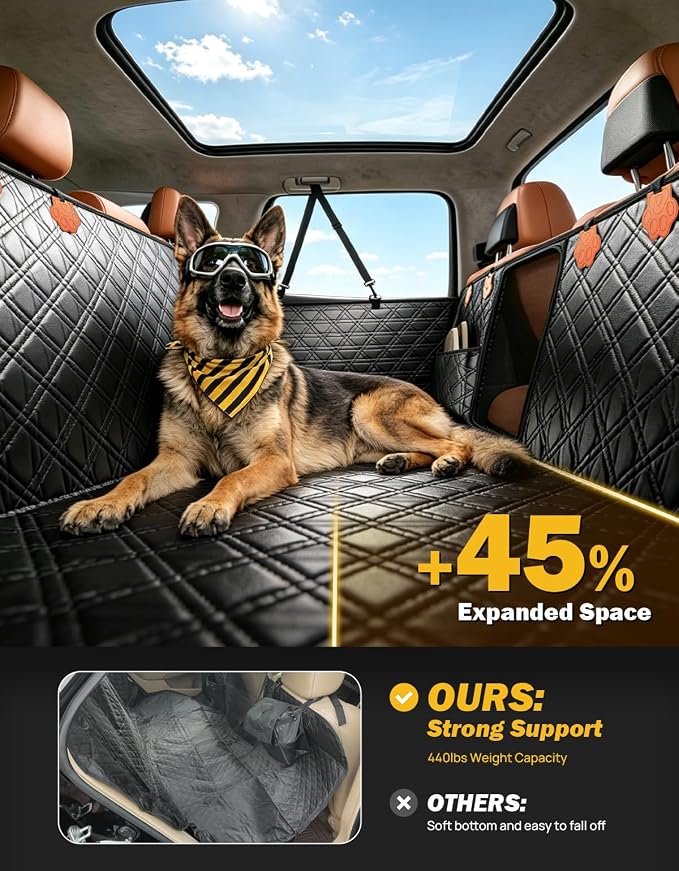 Back Seat Extender for Dogs, PU Leather Dog Car Seat Cover for Back Seat with Hard Bottom, Dog Hammock with Mesh Window, Dog Car Seat Cover for Sedans SUVs Small Trucks, Holds 440 lbs