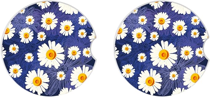 White Flowers Car Coasters for Drinks Absorbent,2 Pack Cup Holders,2.56" Ceramic Stone & Non-Scratch Cork Base Coasters,Auto Accessories for Women & Men.