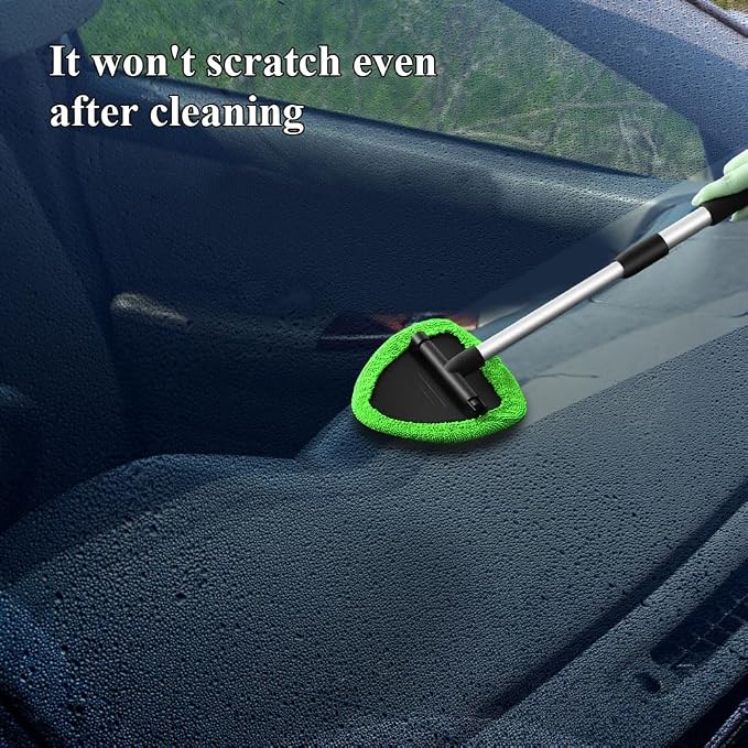 Windshield Cleaning Tool, Car Window Cleaner, Windshield Cleaner with 4 Washable Reusable Microfiber Pads and Extendable Handle, Auto Glass Wiper Cleaning Kit Universal for Car (Green)