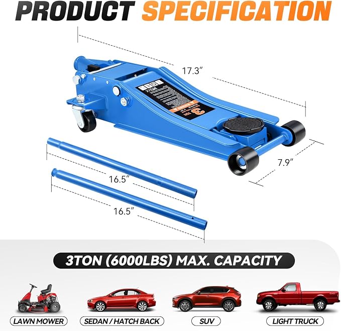 3 Ton Low Profile Floor Jack, Heavy Duty Steel Hydraulic Car Jack with Dual Pistons Quick Lift Pump, Hydraulic Racing Floor Jack, Lifting Range 3" to 20", Blue